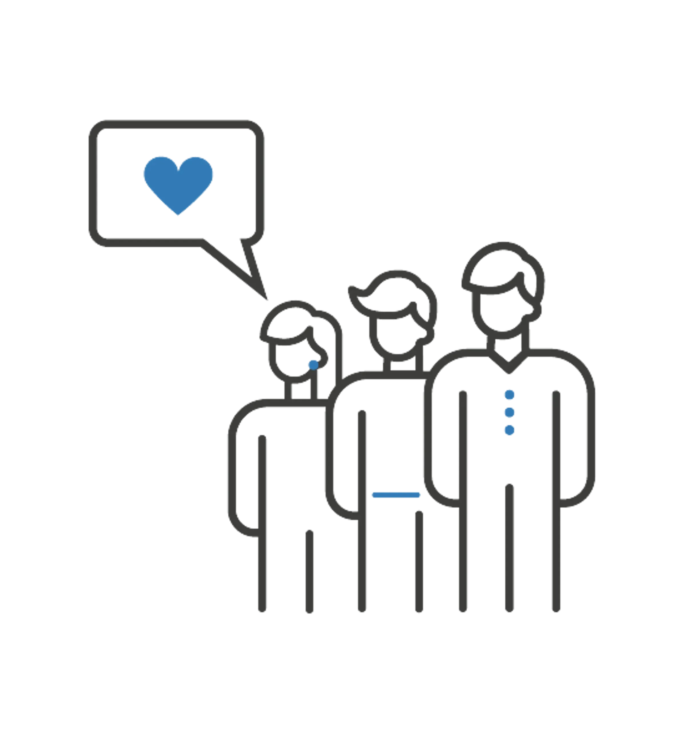 Ikon med tre personer og en snakkeboble med et hjertesymbol i
