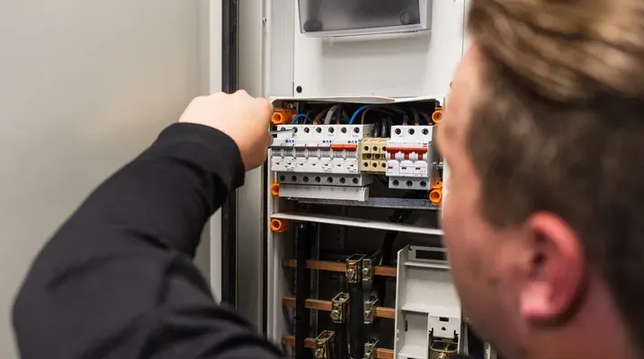 En elektriker jobber på et sikringsskap og justerer ledninger og brytere.