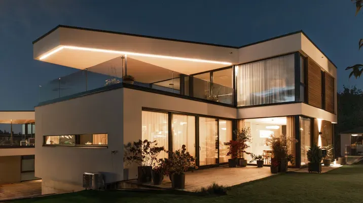 Moderne hus med store vinduer og utendørs belysning i skumringen.