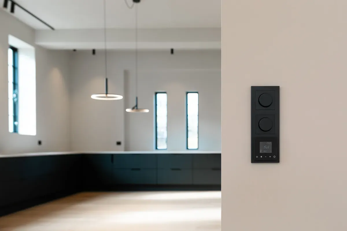 Moderne, minimalistisk kjøkken med sorte hengelamper, store vinduer og en sort bryterpanel på en lys vegg i forgrunnen.