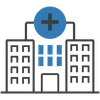 Illustrasjon av et sykehus med et blått medisinsk kors symbol på toppen.