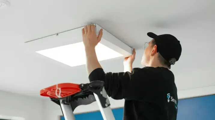 En person på en stige installerer en firkantet taklampe i et rom med hvitt tak og blå vegg.