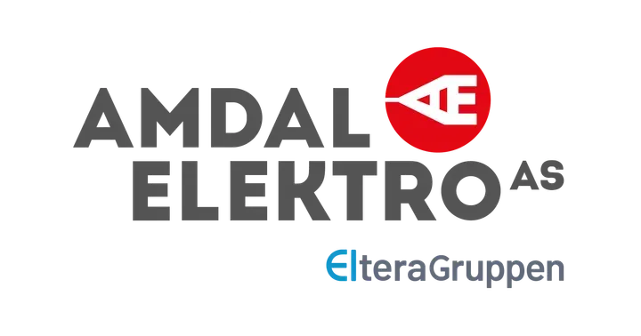 Logo for Amdal Elektro AS med rød sirkel og en hvit grafikk i midten.