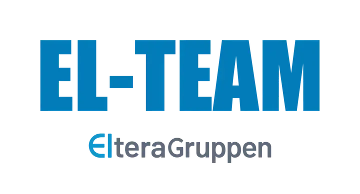 Logo med teksten 'EL-TEAM' i blått, med liten tekst under som sier 'elærlingene'.