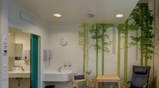 Et venterom med to stoler, et bord, en vask og med en tapet med illustrasjoner av trær