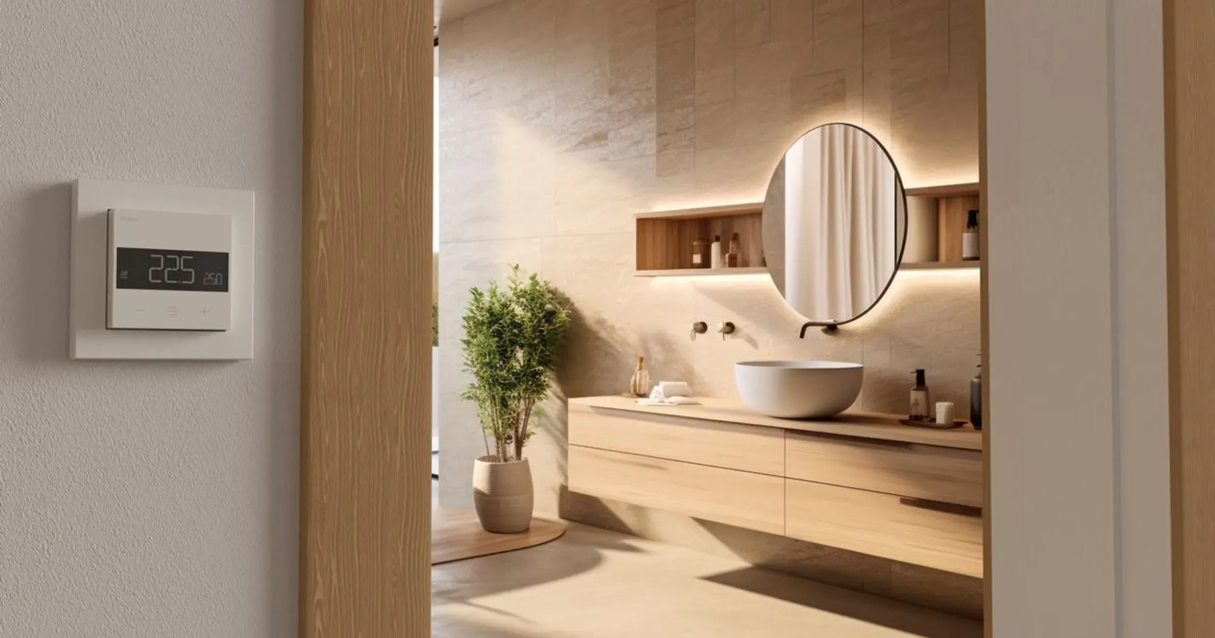 heatit z-trm6 termostat 9003 hvit på vegg utenfor bad