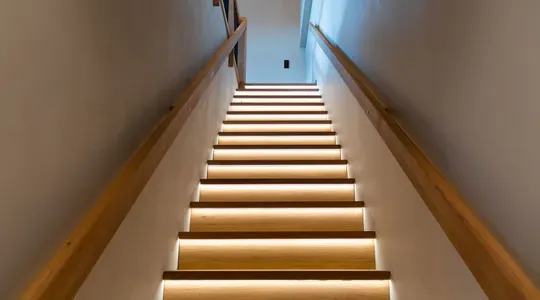 Innendørs trapp med tretrinn og LED-belysning under hvert trinn, sett fra bunnen av trappen.