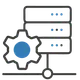 Ikon som viser servere og et tannhjul, som representerer dataserver eller systemadministrasjon.