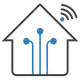 Et ikon av et hus med elektroniske kretser og et Wi-Fi-symbol øverst til høyre, som symboliserer smarthus-teknologi.