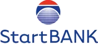 StartBANK-logo med blå og rød grafisk sirkel over teksten