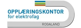 Logo for Opplæringskontor for elektrofag Rogaland, med navnet skrevet i blå og svart tekst samt grafiske streker i ulike farger øverst.