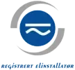 Logo for registrert elinstallatør med blå sirkel, to sølvgrå halvbuer og teksten 'REGISTRERT ELINSTALLATØR' under.